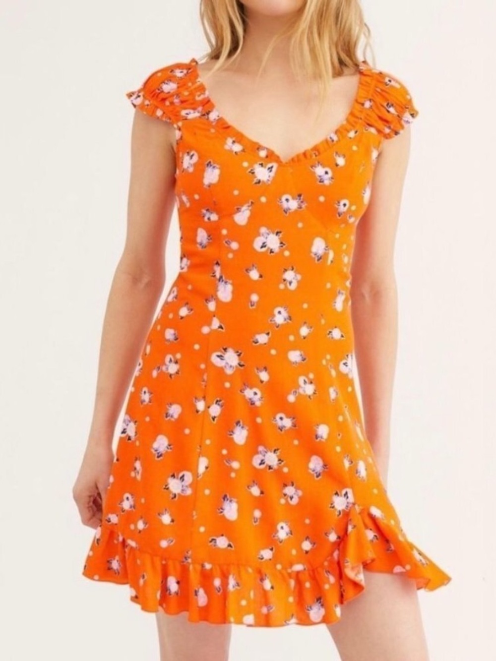 Free People Like a Lady Orange Floral Ruffle Hem Mini Dress NWT